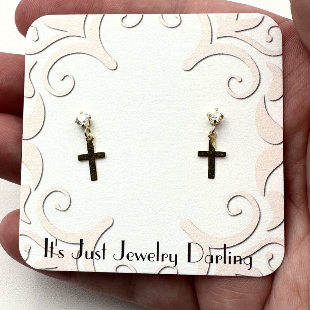 14K Yellow Gold Womens Earrings Pierced Clear CZ Cross Stud Gift Idea for Her
